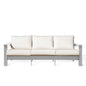 Krikacy Hickory outdoor sofa with white marine-grade polymer frame and Sunbrella bird's eye canvas cushions, perfect for outdoor relaxation.