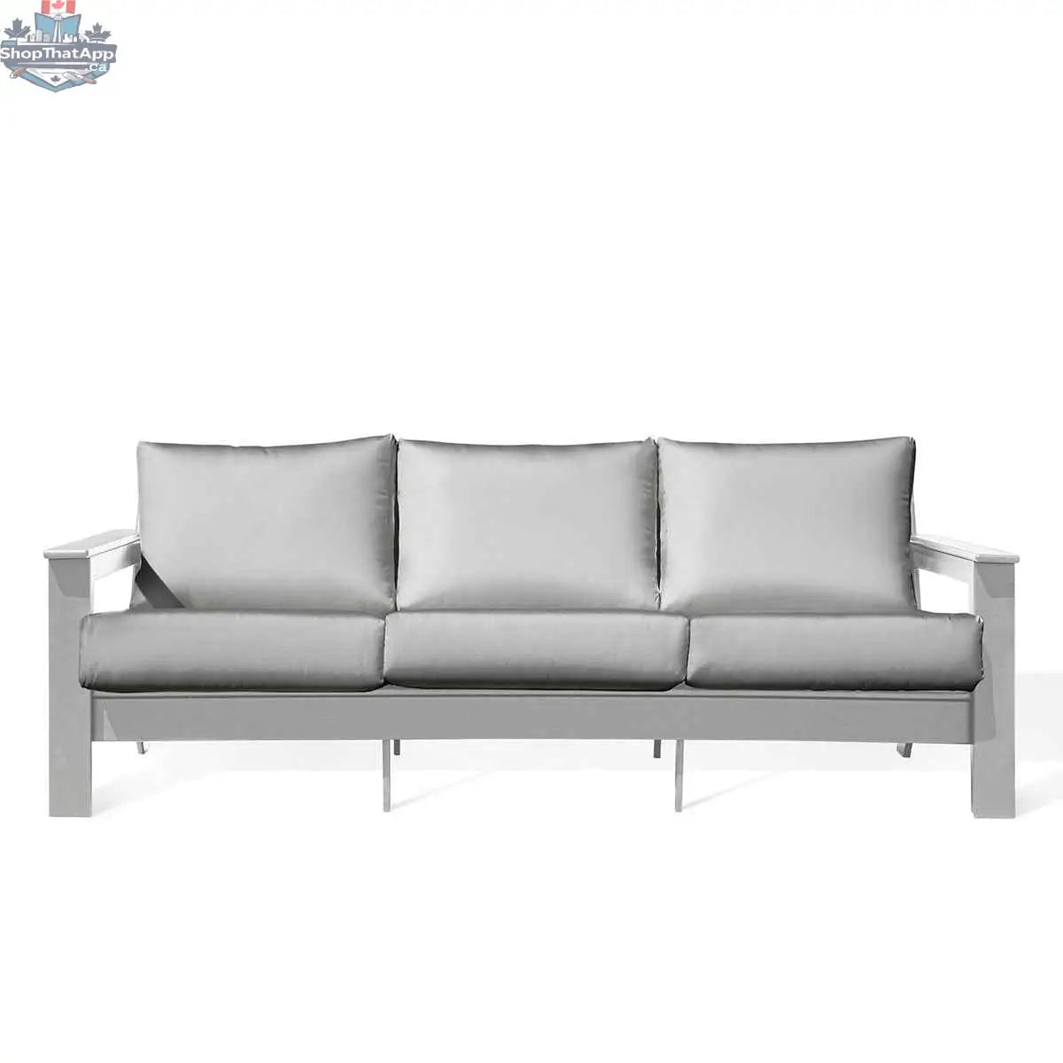 Krikacy Hickory outdoor sofa with white marine-grade polymer frame and Sunbrella® granite cushions, designed for outdoor comfort.
