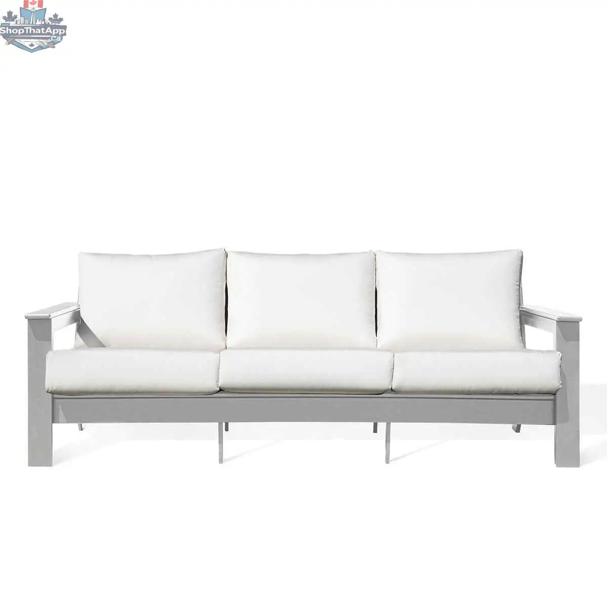 Krikacy Hickory outdoor sofa with white Sunbrella cushions, marine-grade polymer construction, and comfortable seating for outdoor spaces