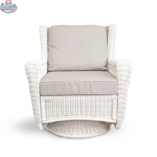 Krikacy Park Meadows white wicker outdoor swivel chair with plush cushion, perfect for relaxing on patio or garden.
