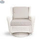 Krikacy Park Meadows white wicker outdoor swivel chair with plush cushion, perfect for relaxing on patio or garden.