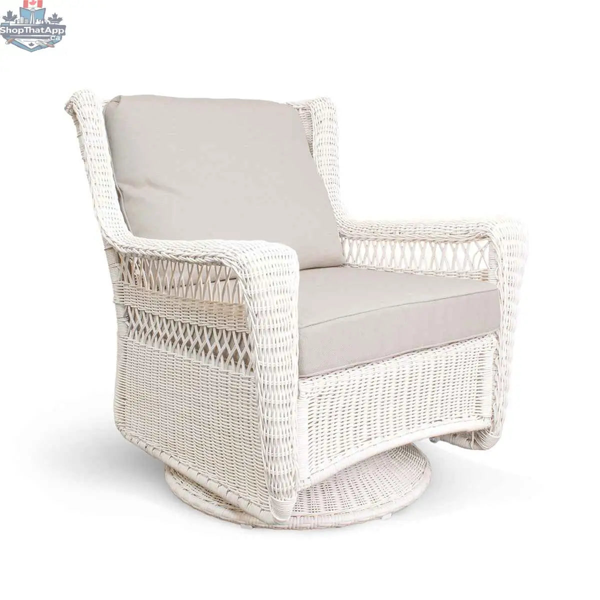 Krikacy Park Meadows white wicker outdoor swivel chair with cushioned seat and back for comfortable outdoor relaxation.
