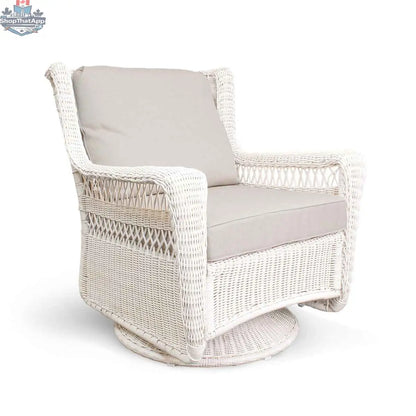 Krikacy Park Meadows white wicker outdoor swivel chair with cushioned seat and back for comfortable outdoor relaxation.