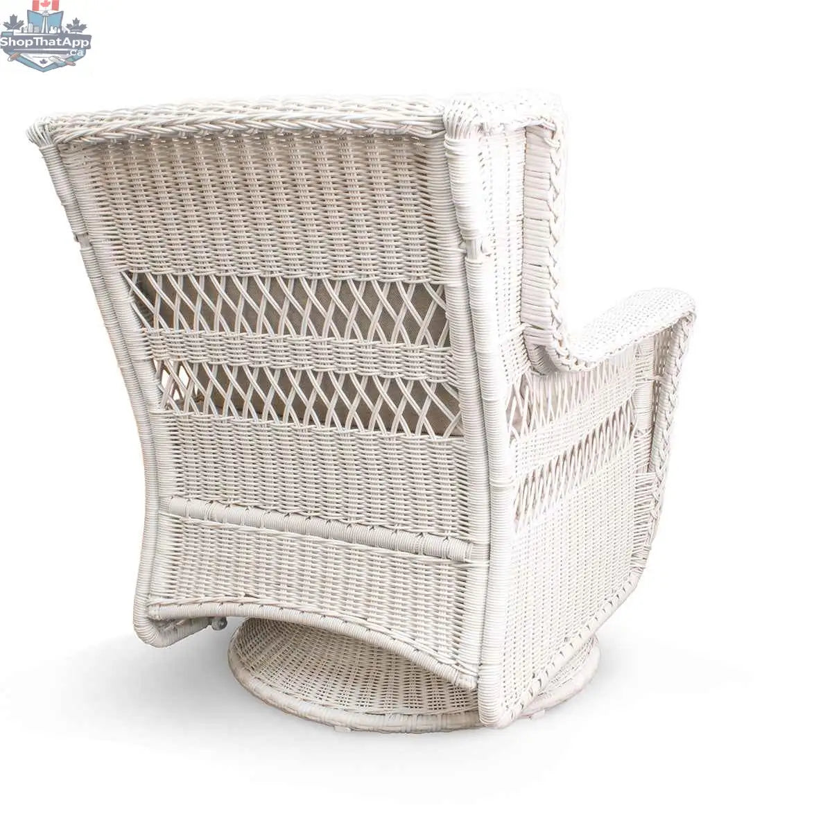 Krikacy Park Meadows white wicker outdoor swivel chair with a comfortable backrest, ideal for relaxing outdoor seating.