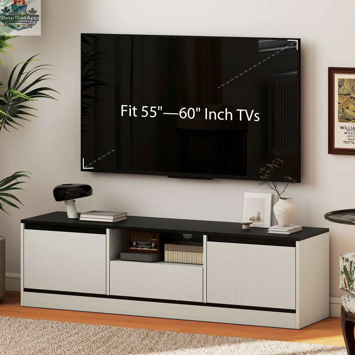 SLOTH Nation white TV stand for 55-65 inch TVs, modern home entertainment furniture with open shelving and sleek design.