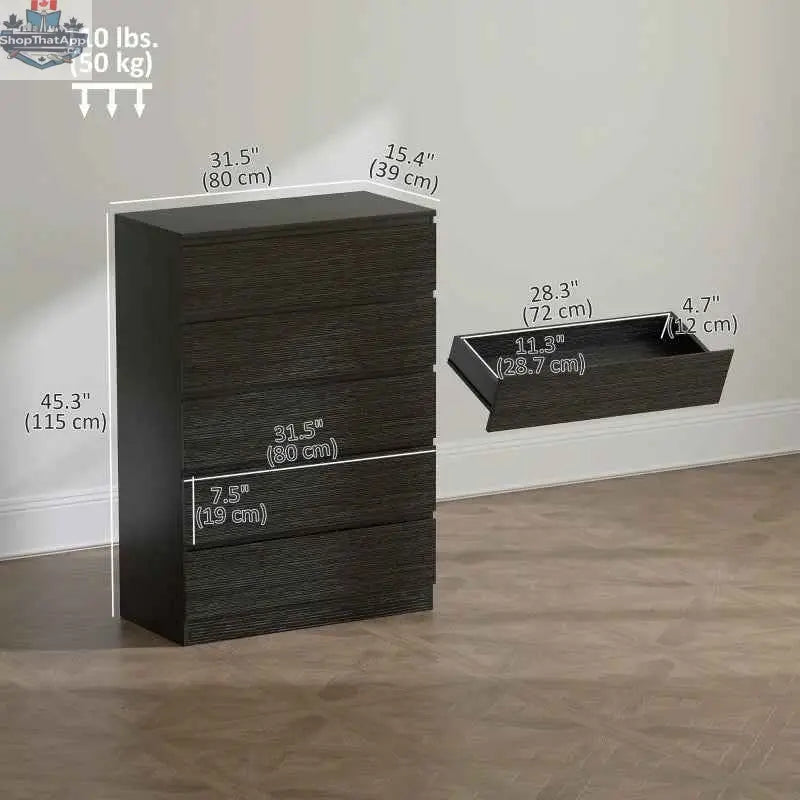 Black Ali Chest with 5 drawers from SLOTH Nation, bedroom furniture for storage and closet organization.