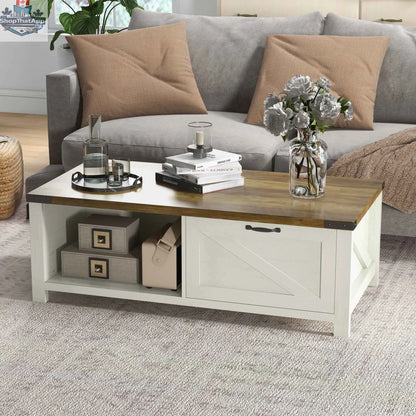 SLOTH Nation Lowen farmhouse coffee table showcasing rustic wood design and sturdy legs in a cozy living room setting