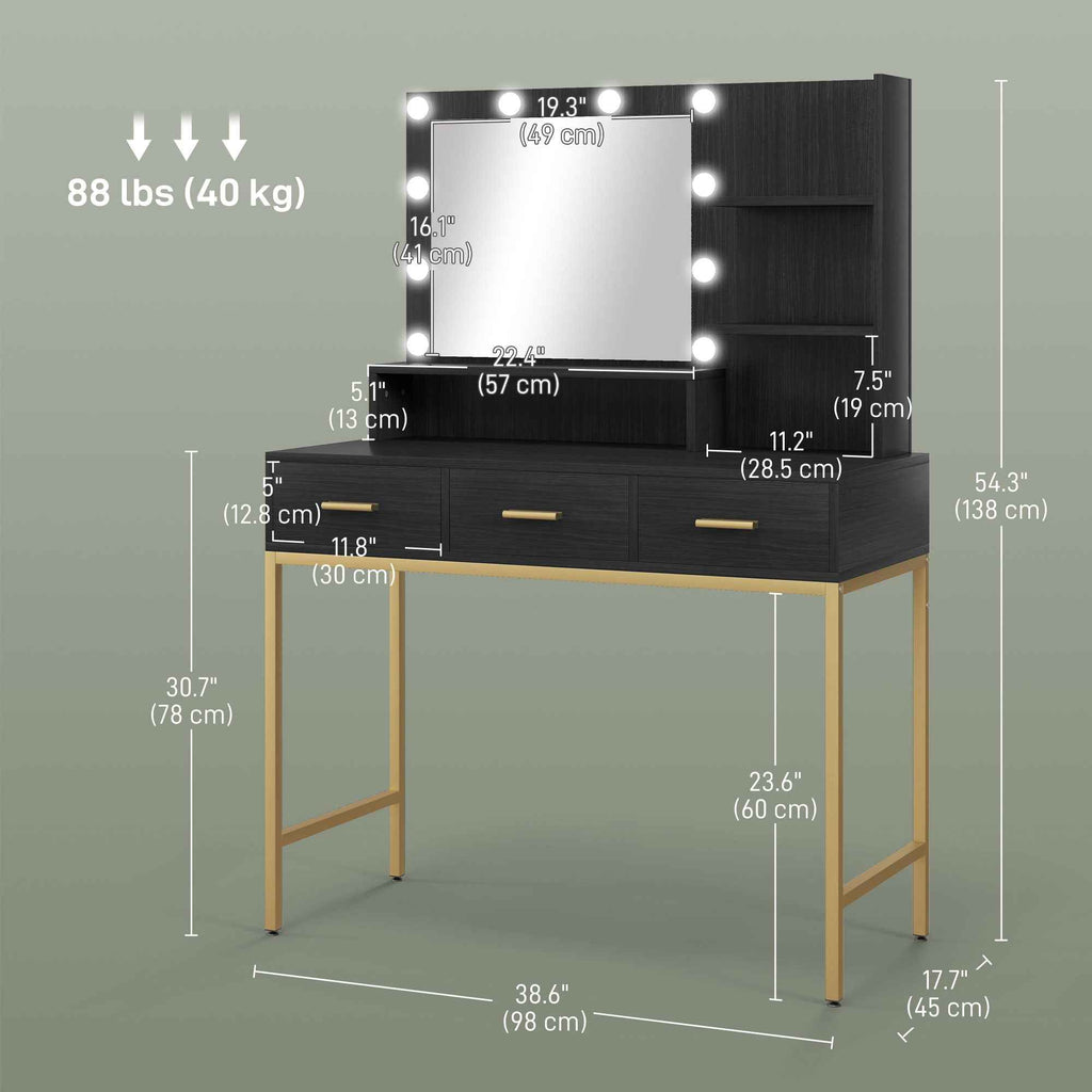 Sophia Illuminated Makeup Table with LED Lights and 3 Drawers-Black