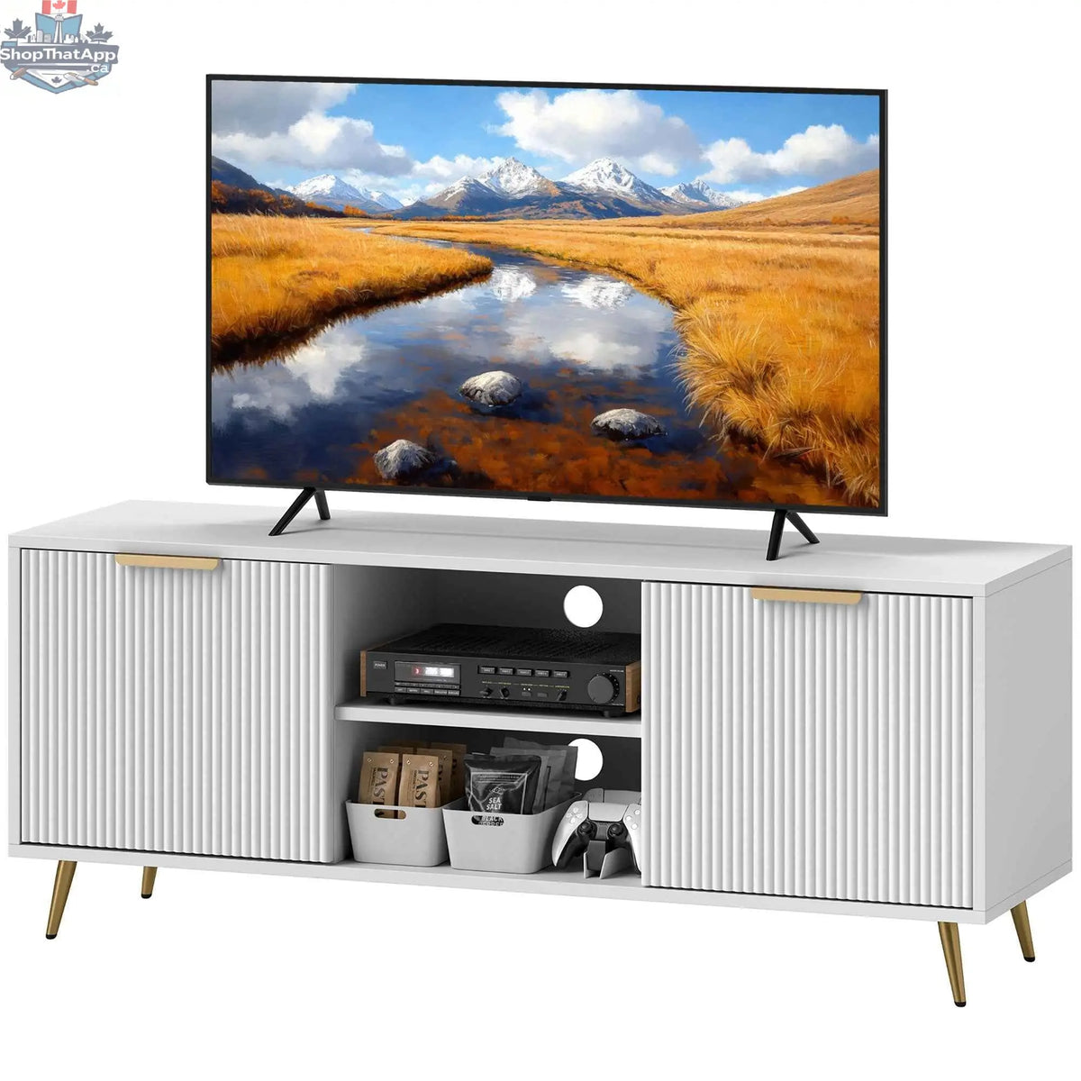 White Collins Modern TV stand by SLOTH Nation for 55-inch TVs, featuring sleek design and ample storage for living room.