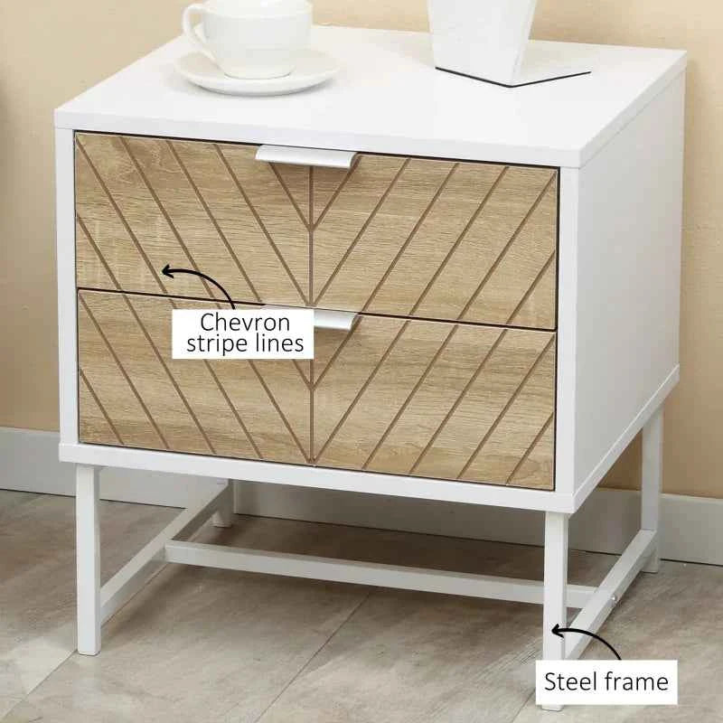 Emery Modern Bedside Table with 2 Drawers and Steel Legs-White/Oak