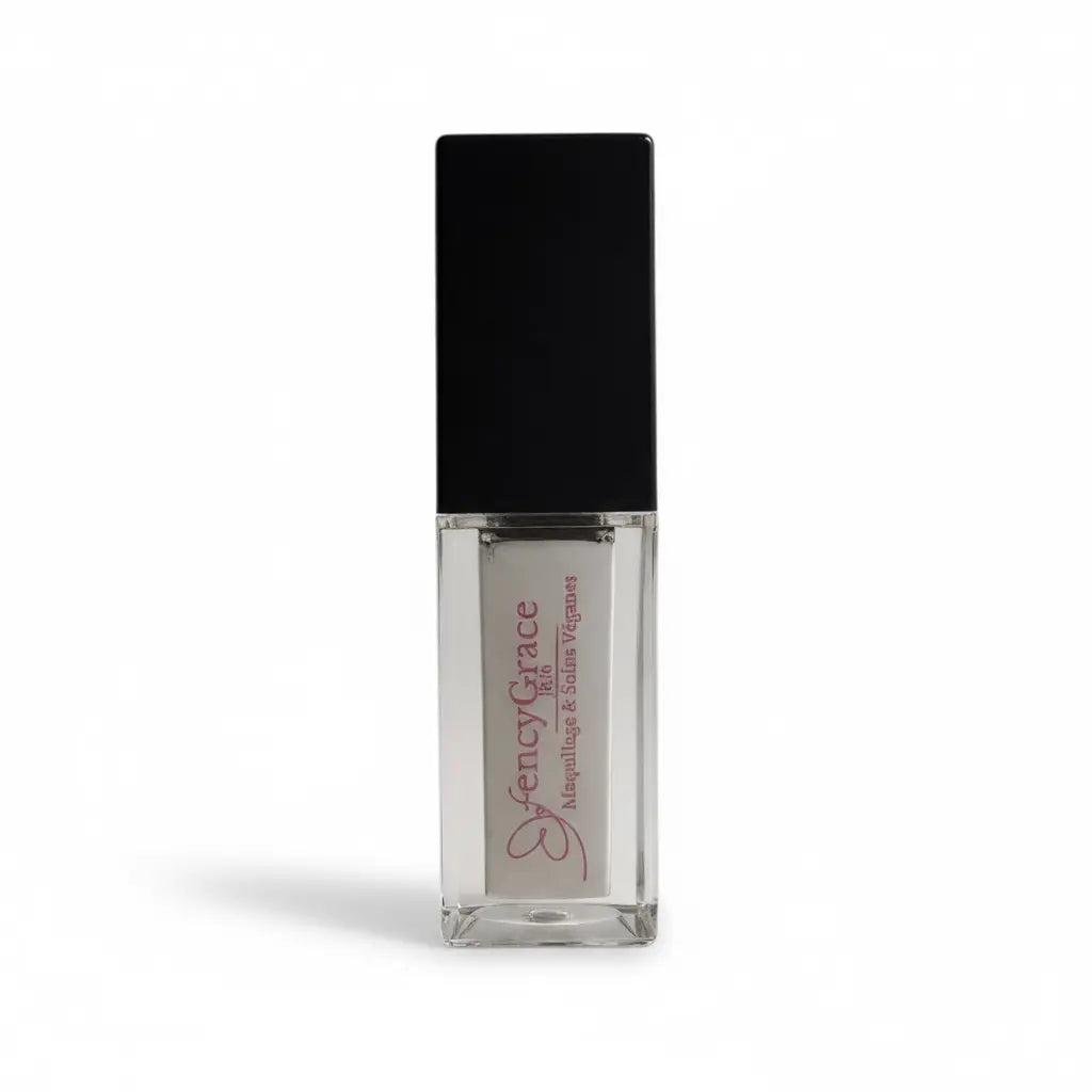 Vegan FencyGrace Fruit Repulpant Lip Oil in a clear tube with a brush applicator, showing fresh fruit ingredients for lip care.