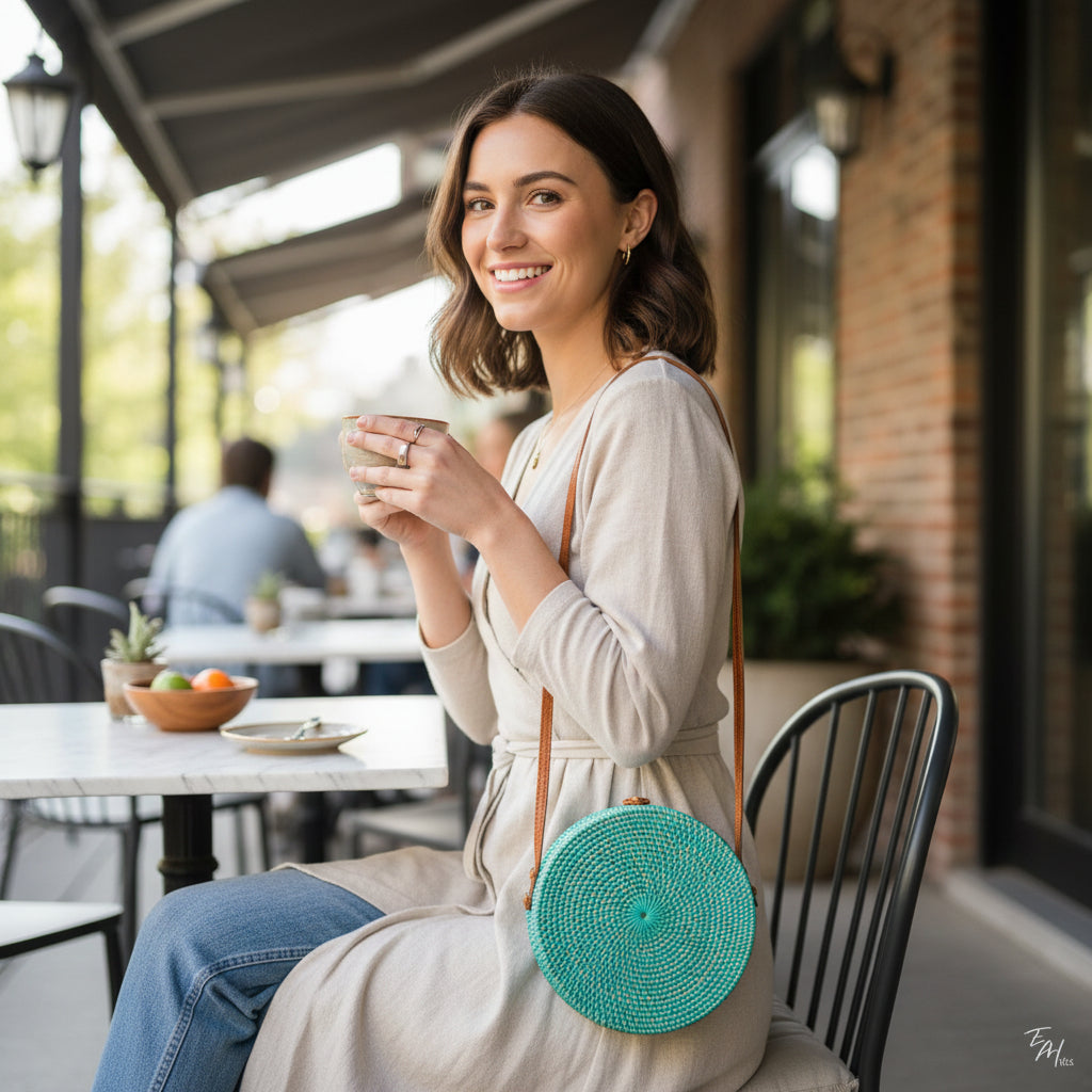 Round Rattan Purse Turquoise - Handcrafted Style for Every Occasion - Shopthatapp.ca