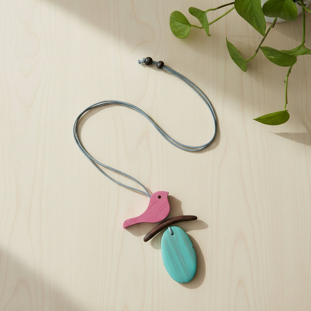 Wooden Bird Necklace on Branch - Unique Nature-Inspired Jewelry - Shopthatapp.ca
