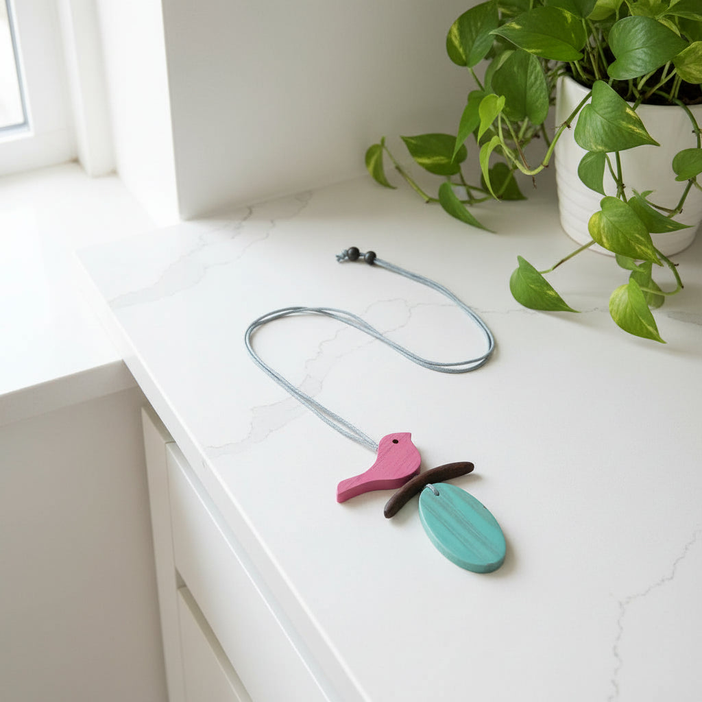 Wooden Bird Necklace on Branch - Unique Nature-Inspired Jewelry - Shopthatapp.ca
