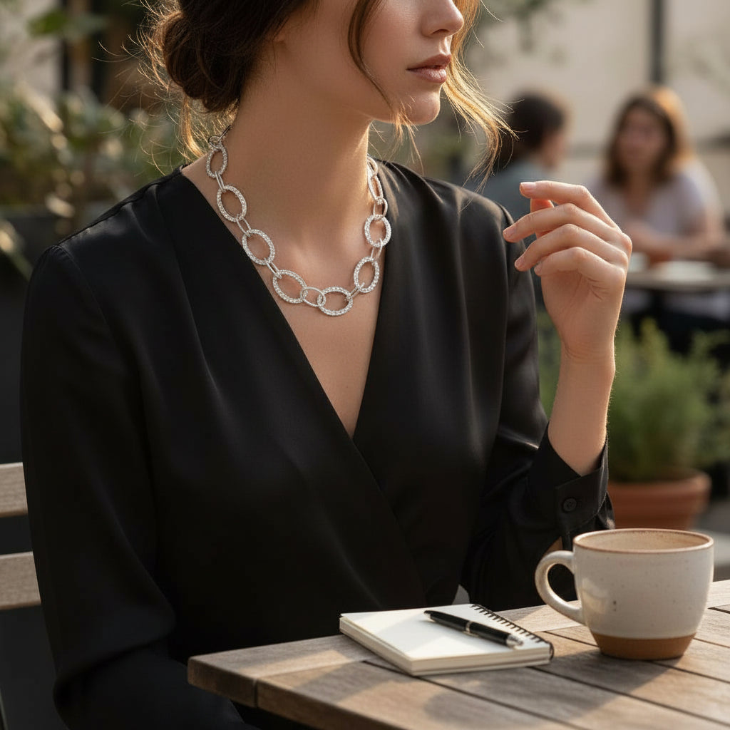 Linked Oval Necklace - Grey Stainless Steel - Shopthatapp.ca