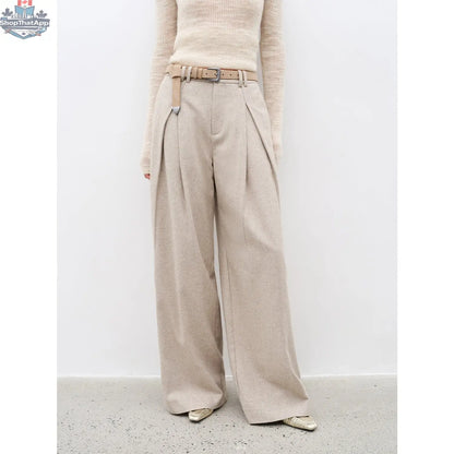 City Stroll Wool-Blend Wide-Leg Trousers - Casual and Relaxed Double-Pleated Design - Shopthatapp.ca