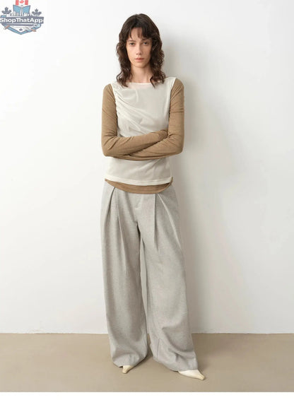 City Stroll Wool-Blend Wide-Leg Trousers - Casual and Relaxed Double-Pleated Design - Shopthatapp.ca