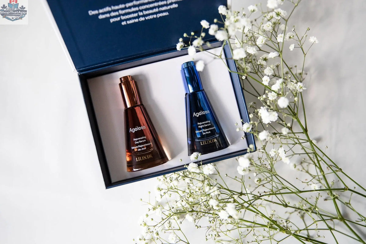 LILIXIR Day and Night Gift Set with serums for radiant skin, featuring bottles of skincare products arranged together.
