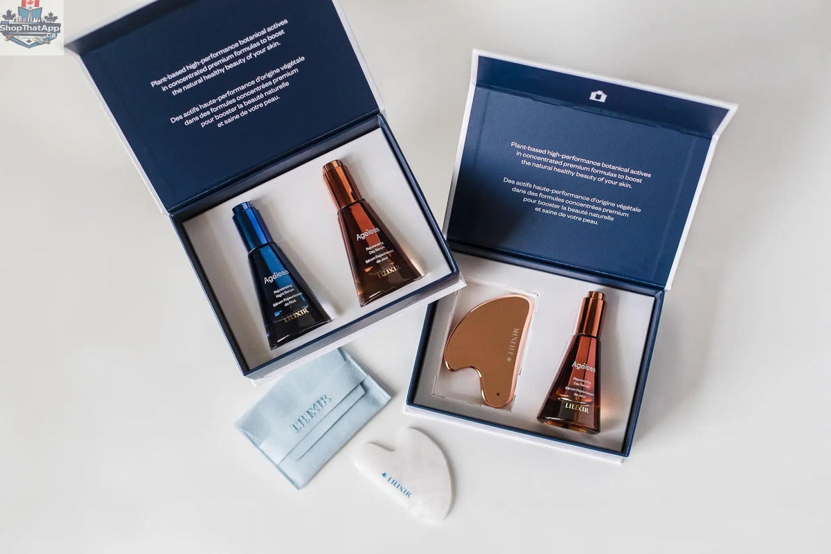 LILIXIR Day and Night Gift Set with two serums and a gold gua sha for radiant skin rituals, featuring elegant packaging and skincare products.