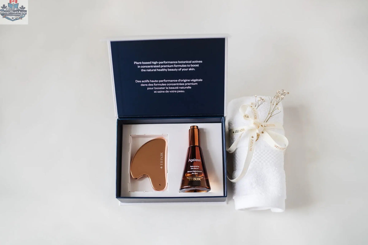 LILIXIR Gift Set featuring a golden gua sha tool and day serum for morning skincare routine.