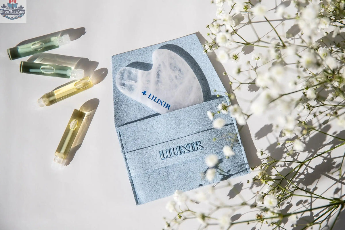 LILIXIR gift set featuring skincare products and Gua Sha massage tool for a relaxing night routine.