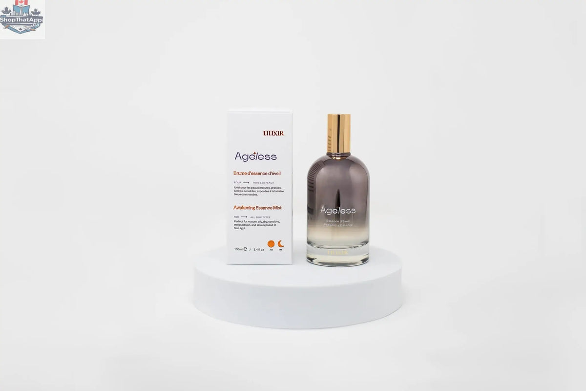 LILIXIR Ageless Awakening Essence mist with botanical ingredients, in a clear spray bottle, designed to hydrate and revitalize skin.