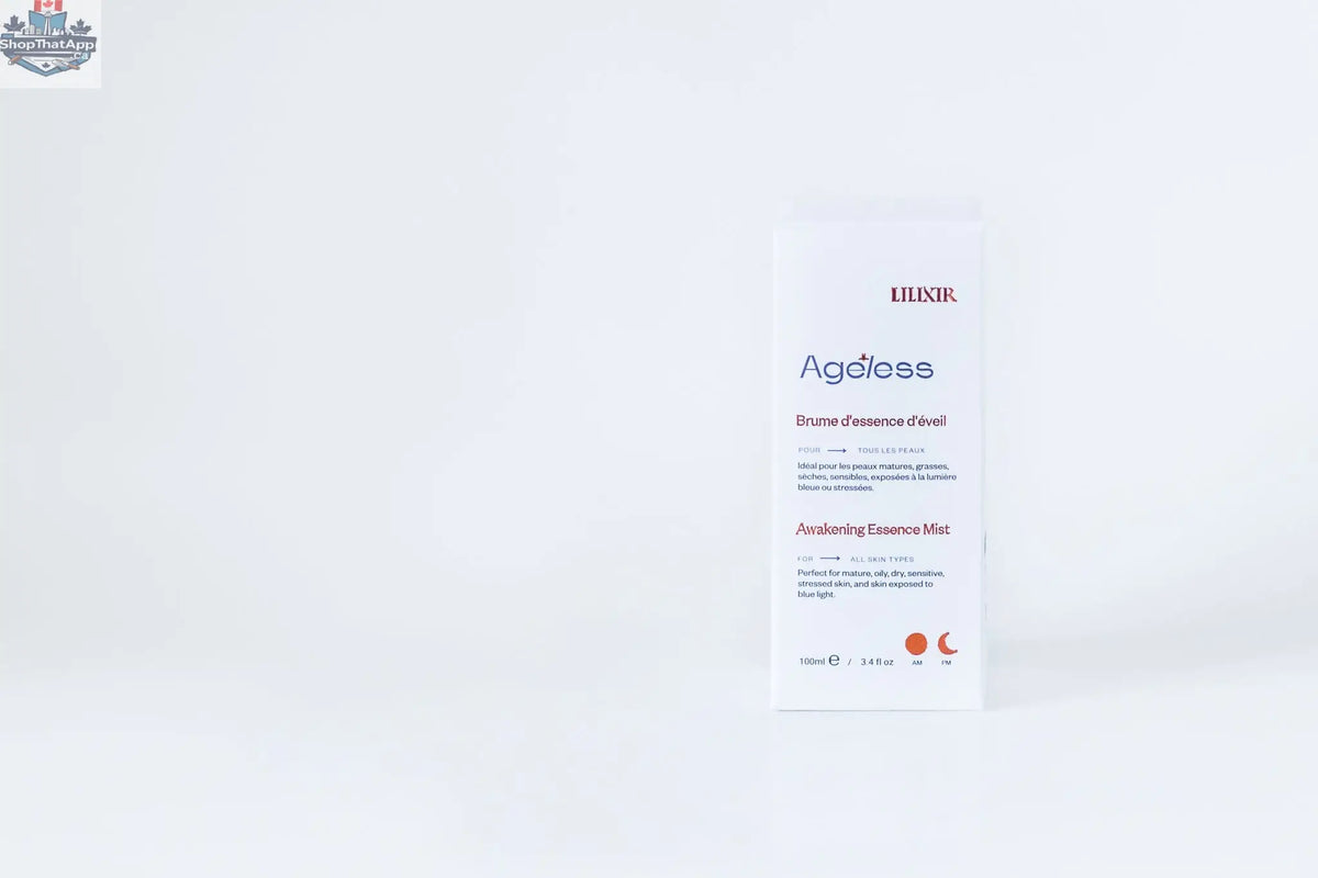 LILIXIR Ageless Awakening Essence mist bottle inside its box, showcasing the skincare product for youthful radiance.