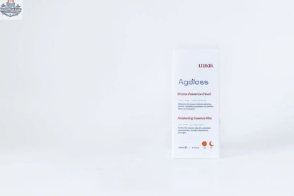 LILIXIR Ageless Awakening Essence mist bottle inside its box, showcasing the skincare product for youthful radiance.