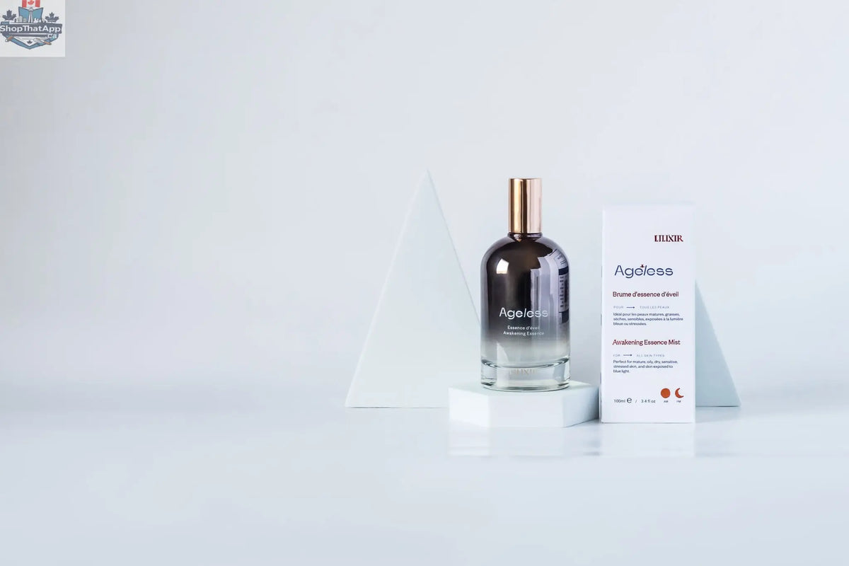 LILIXIR Ageless Awakening Essence mist bottle with clear spray nozzle, showcasing elegant packaging and product label.