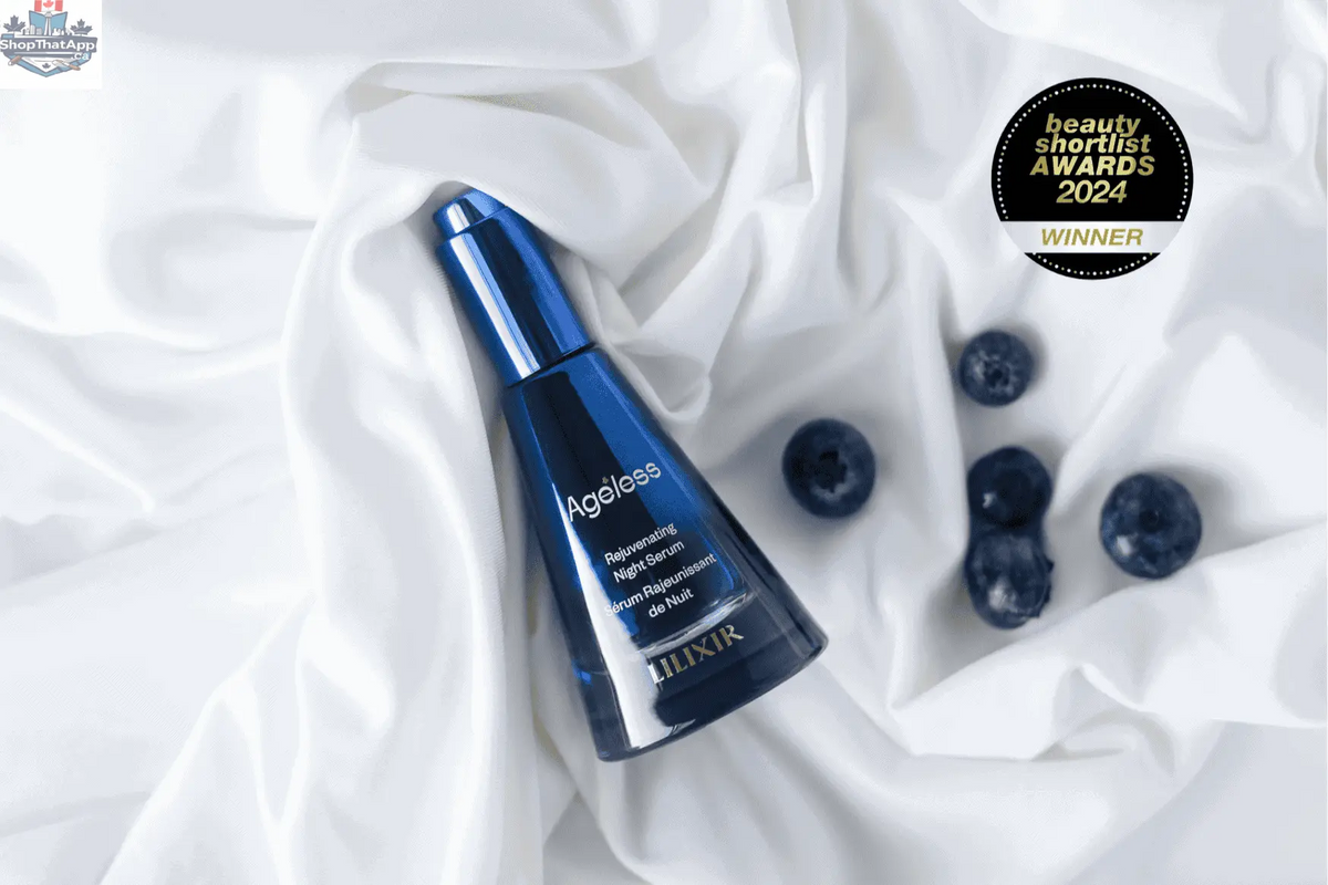LILIXIR Ageless Rejuvenating Night Serum in a sleek glass bottle, showing the product label and dropper applicator.