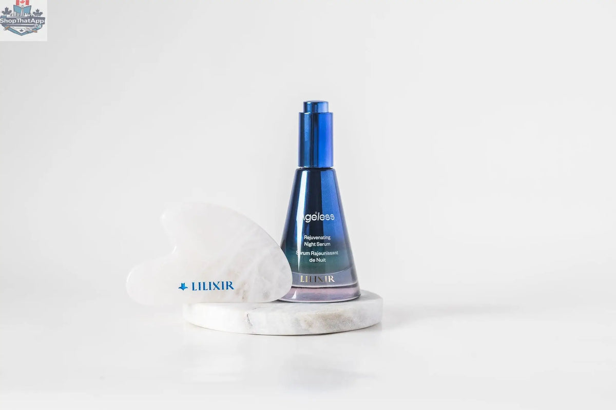 LILIXIR Ageless Rejuvenating Night Serum in a sleek glass bottle with dropper, designed for anti-aging skincare.