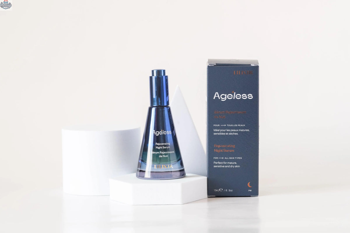 LILIXIR Ageless Rejuvenating Night Serum in a sleek bottle, showcasing the serum application and elegant packaging.