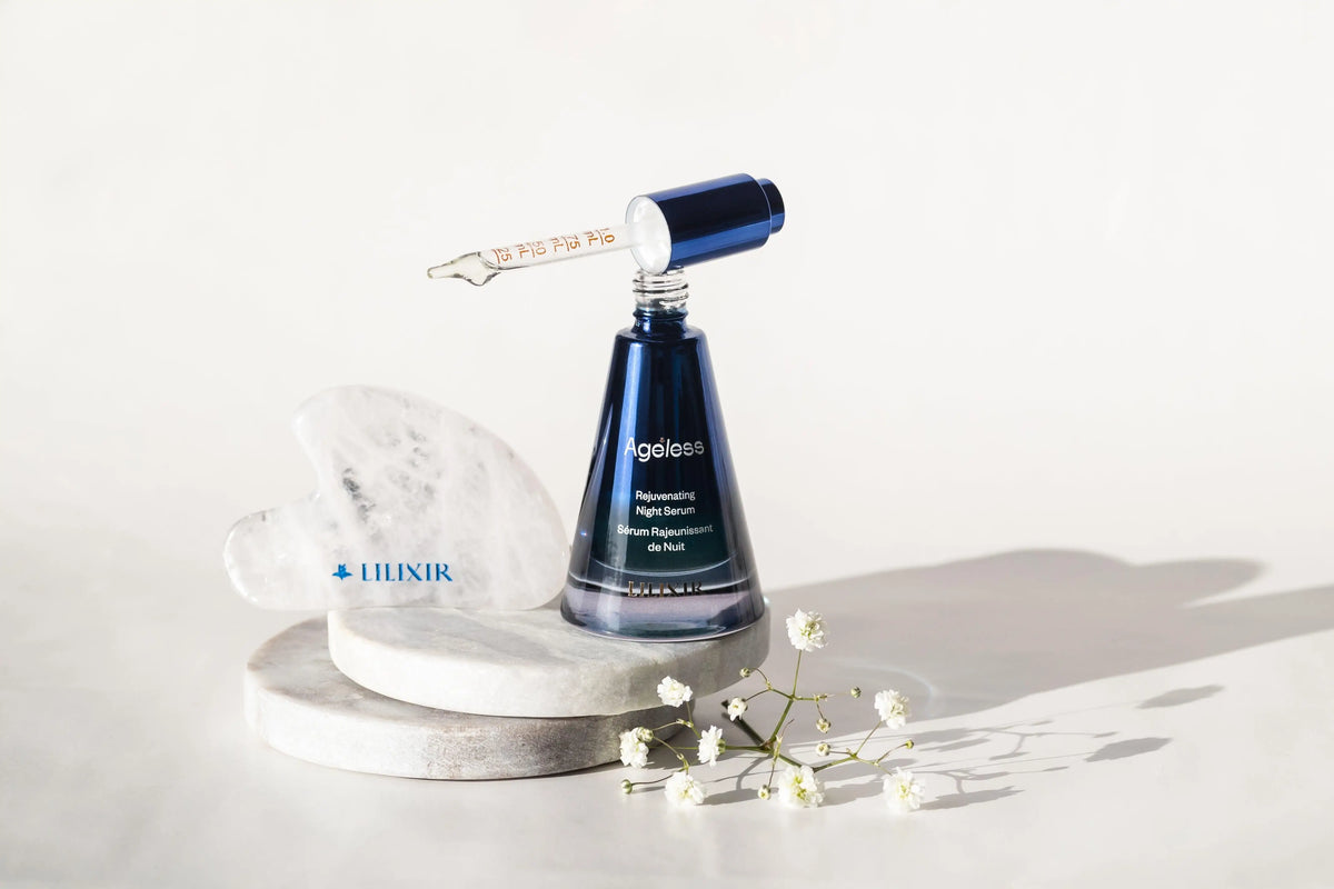 LILIXIR Ageless Rejuvenating Night Serum in a sleek glass bottle, showing the serum's smooth, luxurious texture and elegant packaging.