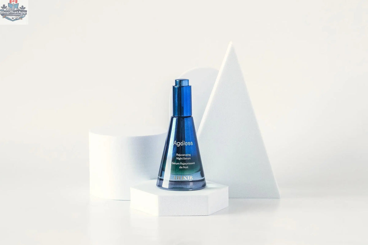 LILIXIR Ageless Rejuvenating Night Serum in a sleek glass bottle with a pump, ready for skincare application.