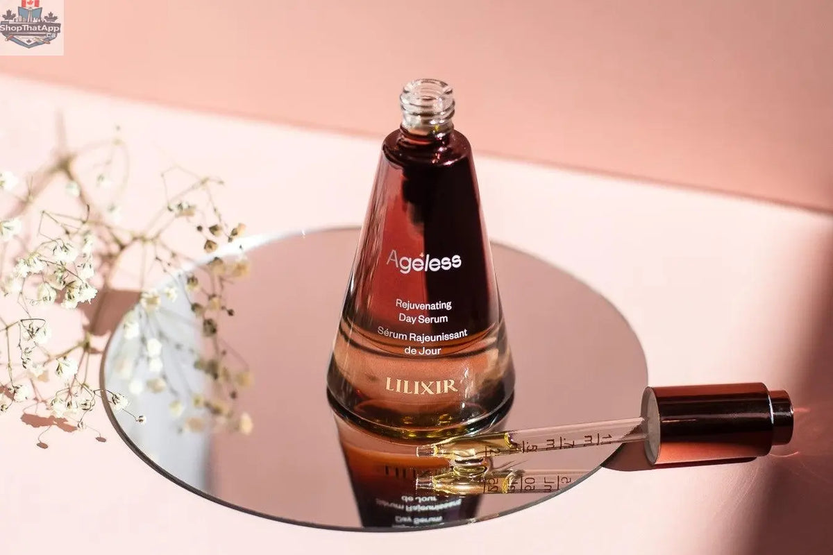 LILIXIR Ageless Rejuvenating Serum dropper bottle showing serum inside, designed for youthful skin and all-day radiance.