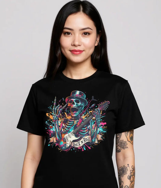 Unisex Skeleton Rock n Roll T-shirt by Little Guitars featuring a classic music-inspired design on soft cotton fabric.