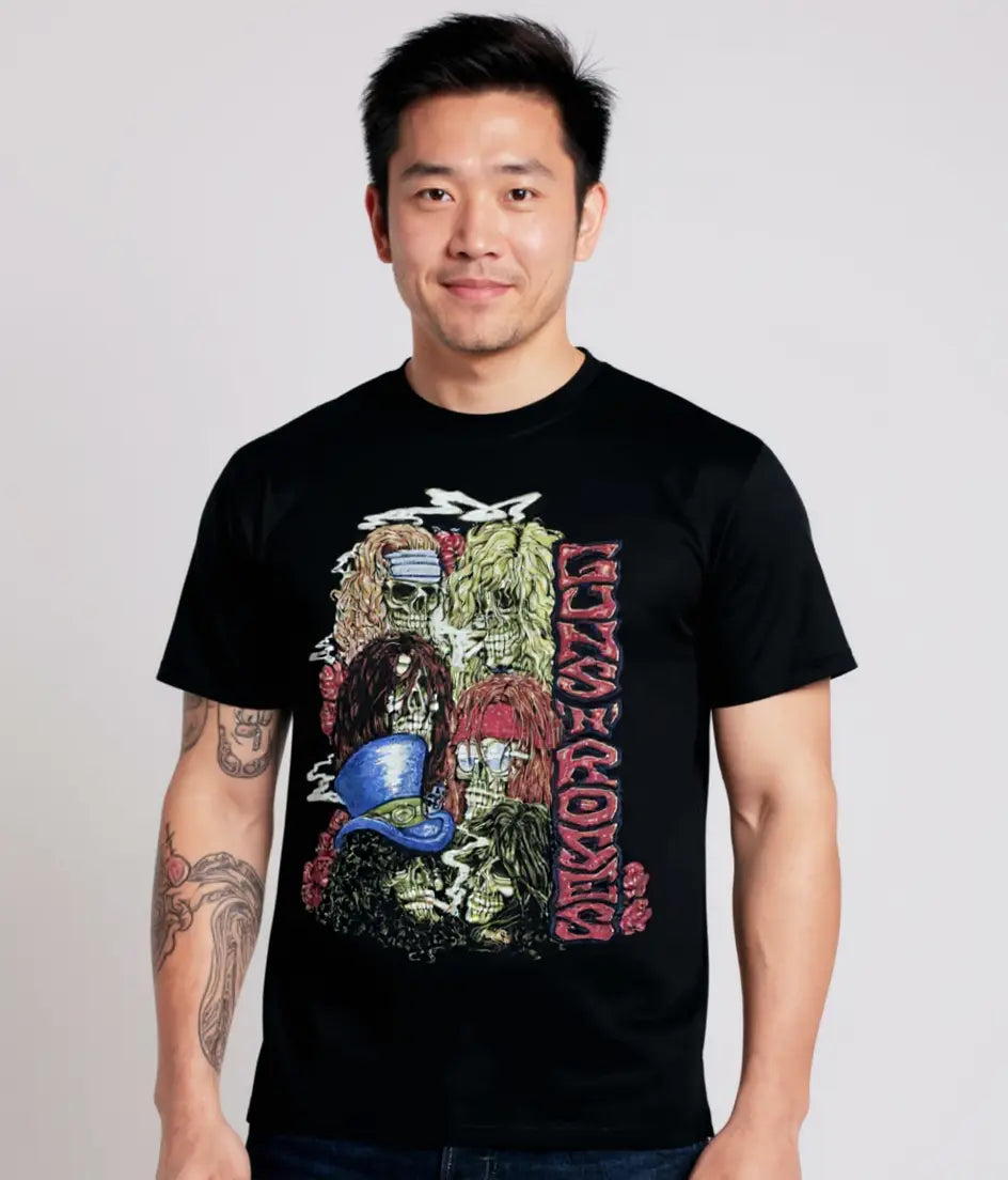 Little Guitars Guns N Roses vintage T-shirt featuring classic skulls design, perfect for rock music fans.