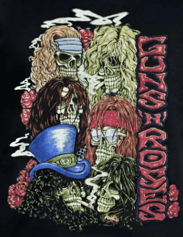 Vintage Guns N Roses T-shirt by Little Guitars featuring classic skulls and band logo, perfect for rock music fans.