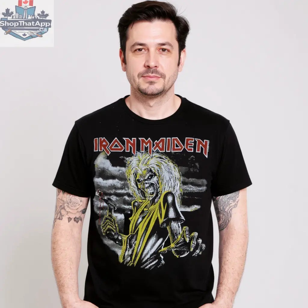 Black Iron Maiden Killers T-shirt by Little Guitars featuring classic band artwork, made from soft cotton fabric for fans.