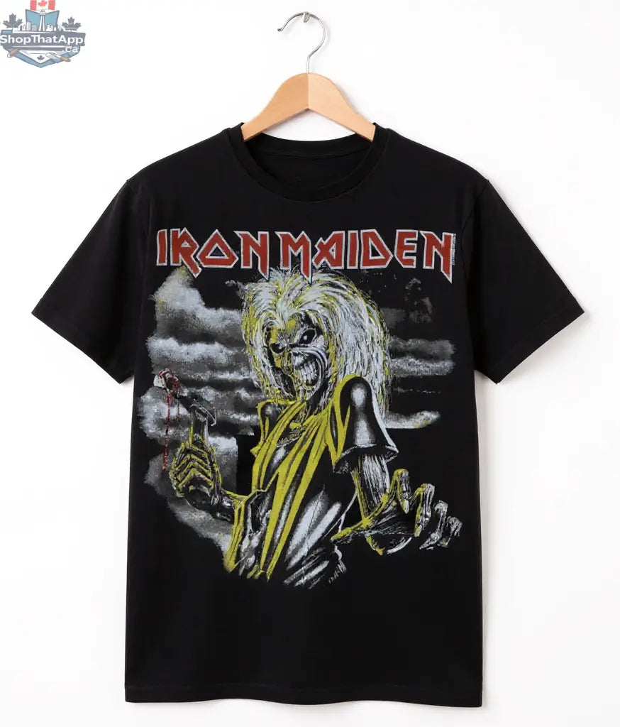 Black Iron Maiden Killers T-Shirt by Little Guitars hanging on a hanger, showcasing classic band-inspired rock clothing.