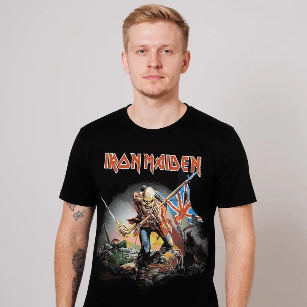 Black Iron Maiden The Trooper T-shirt by Little Guitars featuring band logo and artwork, casual rock clothing for fans.