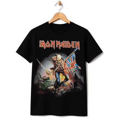 Black Iron Maiden The Trooper T-Shirt by Little Guitars, featuring band logo and artwork, worn by a person.