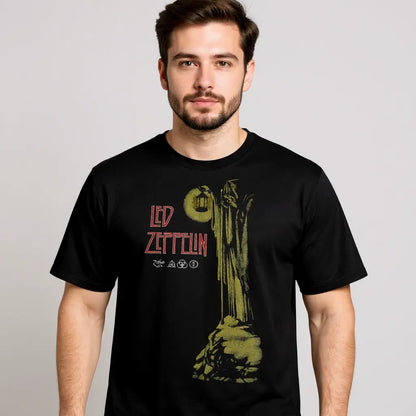 Black Led Zeppelin Stairway to Heaven T-shirt by Little Guitars, featuring classic band artwork, perfect for rock music fans.