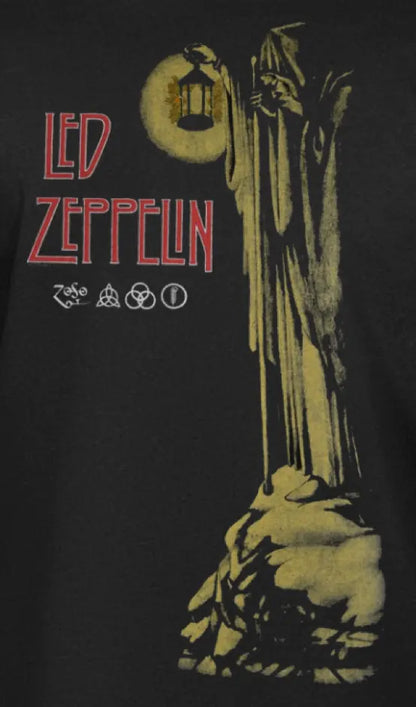 Black Led Zeppelin Stairway to Heaven T-shirt by Little Guitars featuring band logo and artwork for rock music fans.