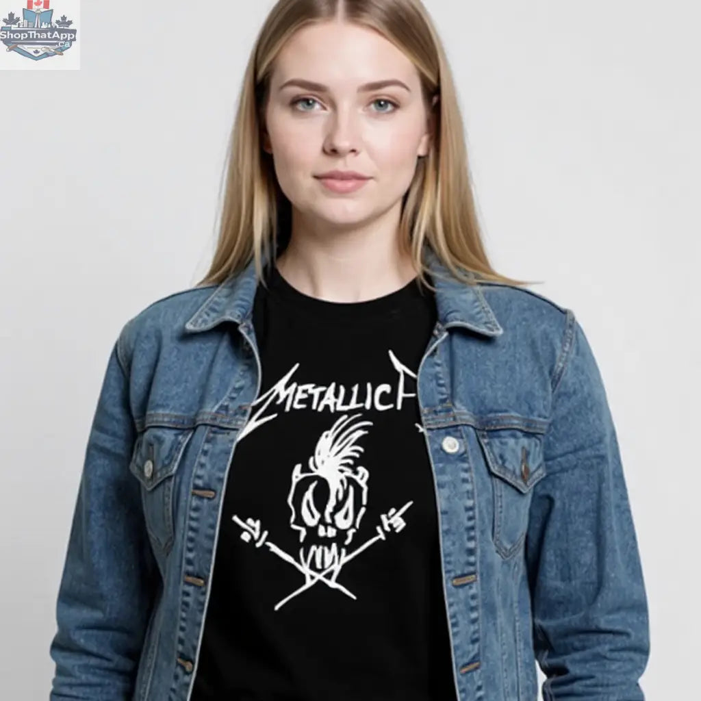 Metallica Scary Bones T-shirt by Little Guitars, featuring a spooky bone design on a casual black clothing shirt.