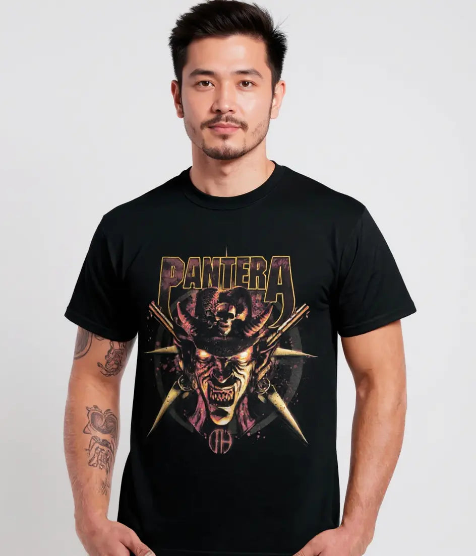 Little Guitars Pantera Cowboy T-Shirt with horned black design, featuring bold graphic print on comfortable black clothing.
