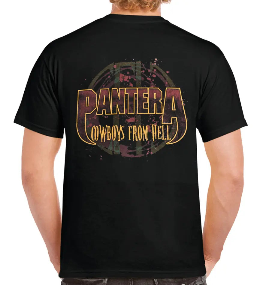 Black Pantera Cowboy T-shirt by Little Guitars featuring a horned cowboy design on the back, casual clothing with rock band style.