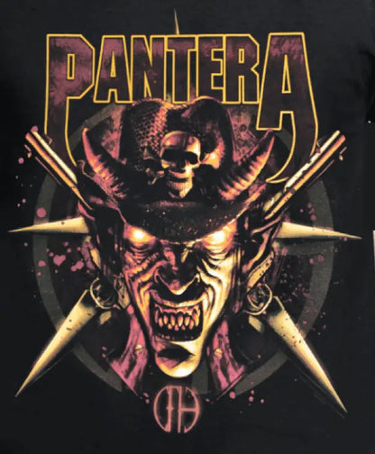 Black Pantera Cowboy T-Shirt by Little Guitars featuring a horned cowboy logo on the front, casual rock-inspired clothing.