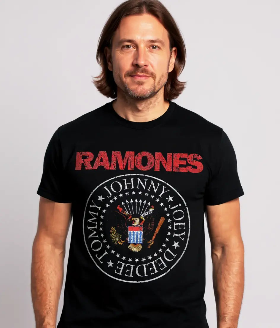 Little Guitars Ramones T-shirt featuring a presidential color logo, casual clothing with band-inspired graphic design.