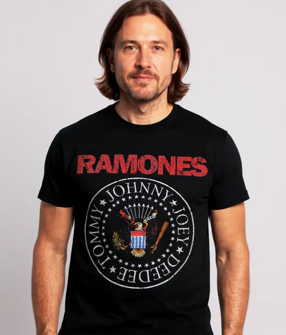 Little Guitars Ramones T-shirt featuring a presidential color logo, casual clothing with band-inspired graphic design.